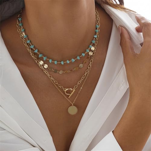Gold Layered Necklaces for Women Boho Turquoise Stack Necklace Bohemian Coin Pendant Necklace Country Concert Beach Jewelry3