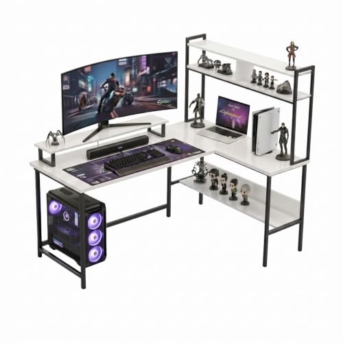 Image of TEKAVO Tonny L Shape Table for Home Office, Computer Table for Home Pc, L Shaped Office Table, Gaming Work Desk | with Book Shelf + Monitor Riser, White Wood, Metal (124 x 48 x 75 Cm) | DIY