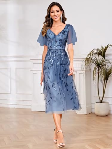 Women's Mother of The Bride Dresses Tulle Sequin Formal Wedding Guest Dress Elegant Tea Length Evening Prom Gown4