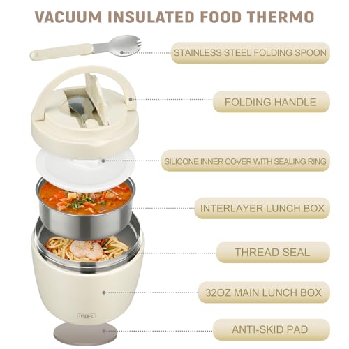 Image of Itslife 32oz Insulated Soup Thermo, Vacuum Stainless Steel Food Jar for Hot & Cold Food, Leakproof Wide Mouth Lunch Container with Spoon, White
