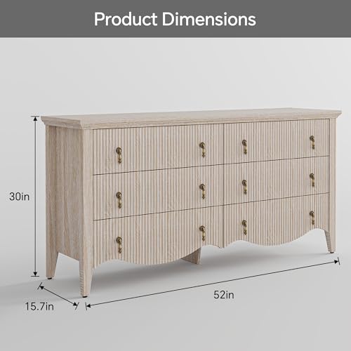 Image of FUSUNBAO 6-Drawer Fluted Dresser, Wide Double Chest of Drawers,Nature Oak | Fluted Design, Horizontal Chest of Drawers, Freestanding Storage Cabinet, For Bedroom & Living Room, Farmhouse Decor