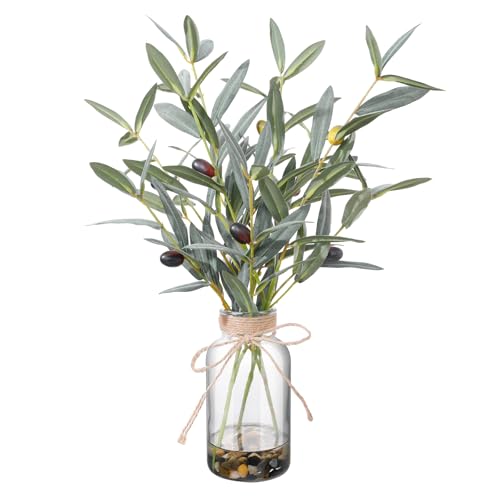 15.74” Artificial Olive Branches in Glass Vase with Faux Water & Natural Stones, Lifelike Fake Greenery for Modern Farmhouse Home Decor, Bathroom decor, Office Desk Centerpiece, Housewarming Gift