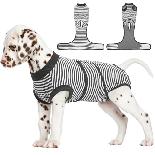 Image of FUAMEY Dog Recovery Suit Male,Dogs Surgery Neuter Suits Puppy Spay Shirts for Female Protect Dog's Skin Anti Licking Abdominal Wounds Doggie Onesie Pet Bodysuit Alternative to Cone Gray Stripes S