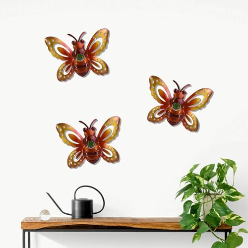 YNGFIL Garden Decor Metal Bee Wall Art Sculpture, Large Bee Wall Decor Garden Decoration Hanging for Yard Lawn Patio Living Room Bedroom, 3 Pack, Gift for Family