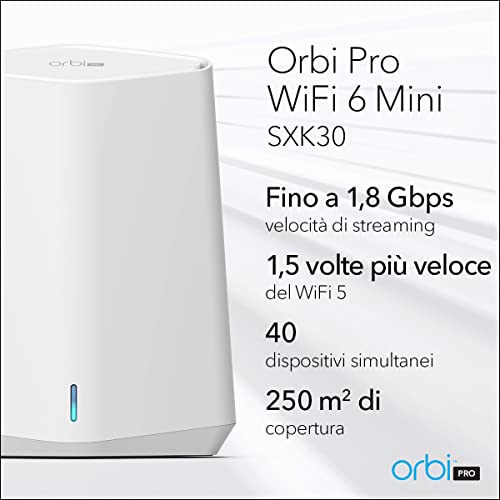 Netgear Orbi Pro Mini Mesh WiFi 6 AX1800 SXK30 Router con 1 Estensore Satellitare per l'Azienda o la Casa, 4 SSID, VLAN, QoS, Copertura fino a 200 m² e 40 Dispositivi, AX1800 (fino a 1,8 Gbps) - Powerline - Immagine 1