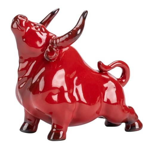 Image of Garneck Prosperity Statue Wall Street Ceramic Bull Figurine Feng Shui Fortune Bull Ornament Table Red Art Decor for Home Office New Year Wealth Animal Sculpture