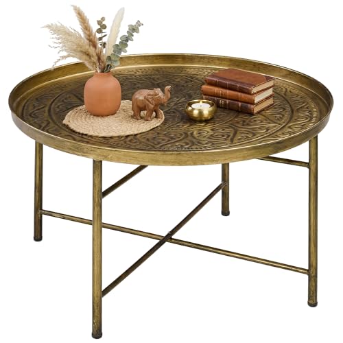 HOMCOM 24' Round Coffee Table with Hammered Tray Top,...