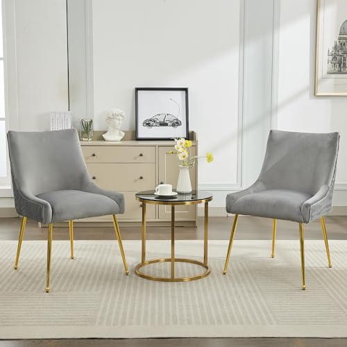 Mid Century Gold Leg Velvet Dining Chair Set, Light Grey Pleated Back