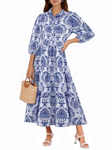 Image of Wenrine Womens Casual 3 /4 Sleeve Shirt Dress Button Down V Neck Tiered Collared Flowy Maxi Dress