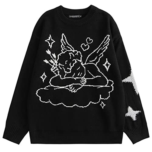 XMAIYIF (Wool) Sweater Men Knitted Sweater Angel Heart Print Pullover Autumn Casual Black Sweater Sweater(M)