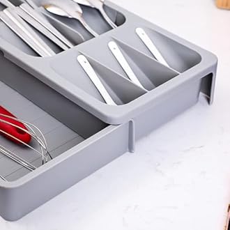 Kitchen Storage Tray for Cutlery Spoon Knife and Fork Partition Storage |40 x 30 x 5.5 cm | Plastic | Grey
