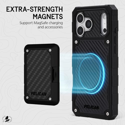 Image of Pelican Shield iPhone 17 Pro Max Case - Compatible with MagSafe - Carbon | Rugged Phone Case w /21ft Military-Grade Drop Protection - Heavy Duty Phone Cover w /Belt Clip Holster for iPhone 17 Pro Max