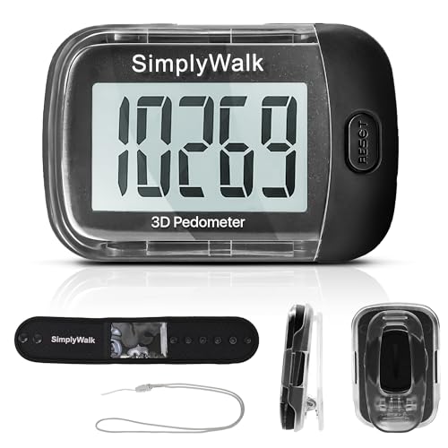 SimplyWalk 3D Step Counter for Walking, Comes with Ankle Band, Clip, and Lanyard, Portable Pedometer for Walking Steps and Miles with Long Battery Life and Extra Large Display Steps Tracker
