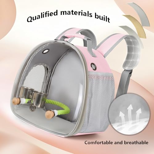 Image of Small Bird Travel Backpack Carrier Cage with Cups, Backpack to Transport Backpack Carrier with Clamp Cups Stand Perch for Parakeet Cockatiel Budgies Vet Carry Book Bag Pink