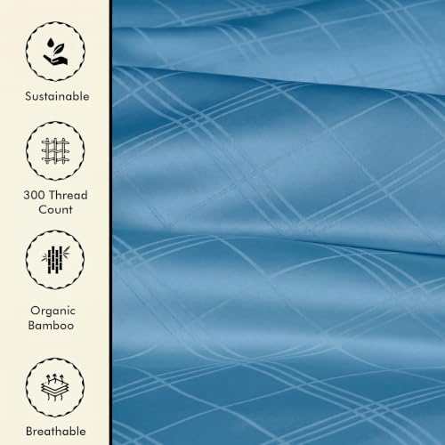 Image of LINENWALAS 300 TC Organic Bamboo Jacquard Check Flat Bedsheet for Double Bed, Silky Soft Sateen Weave | Breathable, Cooling & Hypoallergenic (Bahamas Blue, 90 inchx100 inch)