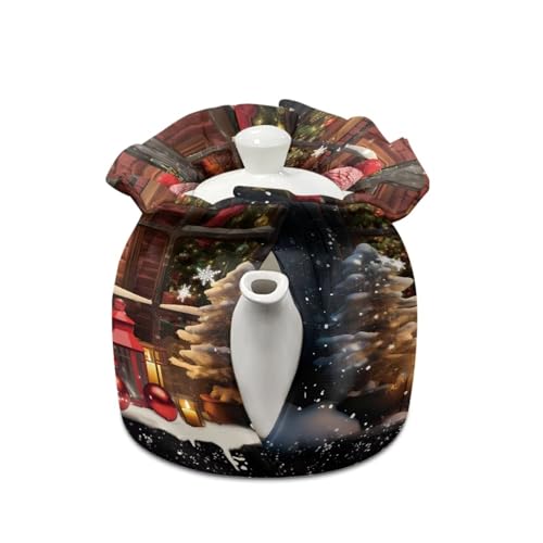Image of Snowman Show Window Teapot Cozies, Heat Preservation Teapot Dust Cover with Drawstring Creative Kitchen Tea Pot Cover, Home Kitchen Table Hotel Christmas Decor