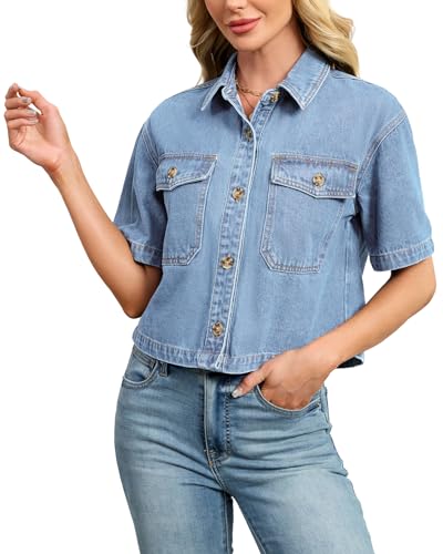 Kedera Womens Crop Denim Shirt Short Sleeve Button Down Short Jean Jacket Trendy Jean Tops Shackets Light Blue