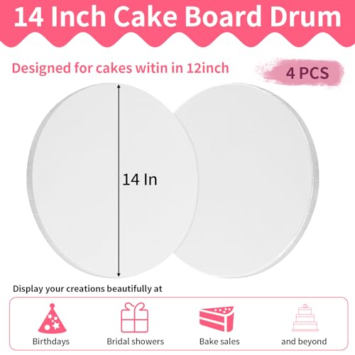 Cake Boards 14 Inch Round – 4 Pack 1/2 Inch Thick Cake Drums with Full Wrapped Edges, Corrugated Cake Base Board for Wedding, Party, Baking & Multi-Layer Cakes (White)