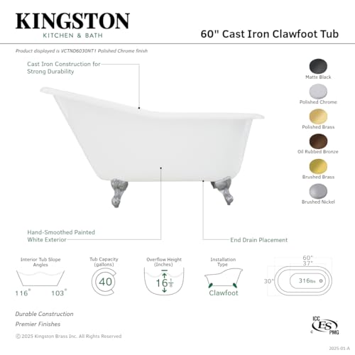 Kingston Brass Aqua Eden VCTND6030NT1 Cast Iron Slipper Clawfoot Bathtub with Chrome Feet without Faucet-Drillings, 60-Inch, White