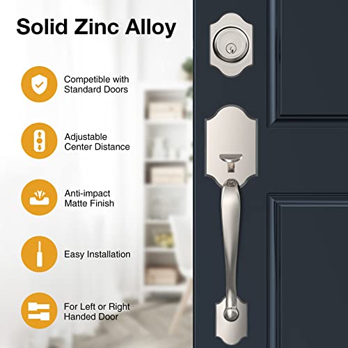 Brightify Satin Nickel Front Door Handle, Satin Nickel Exterior Door Handle With Door Lever, Modern Front Door Lock Set, Adjustable Deadbolt Lock Set With Single Cylinder, Reversible For Right&Left #TOP1