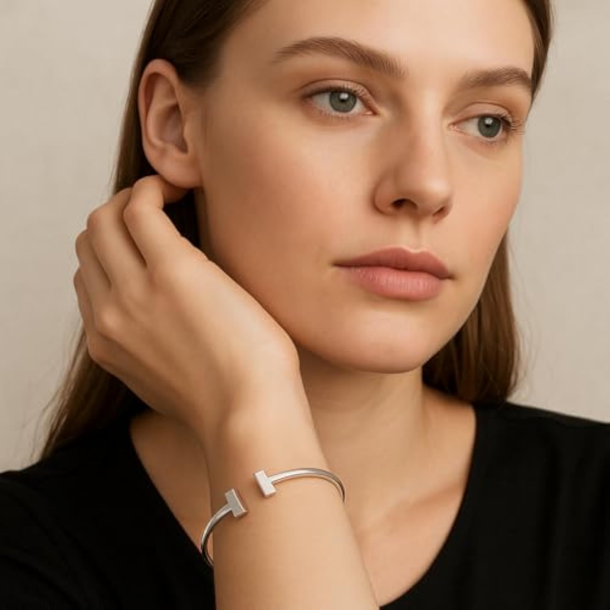 925 Sterling Silver T-End Open Cuff Bangle, Luxury Gift