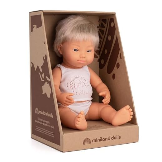 Miniland Dolls: Muñeco bebé Caucásico Niño con Síndrome Down Rubio de Vinilo Suave de 38cm. Presentado con Ropa Interior en Caja de Regalo (31263)