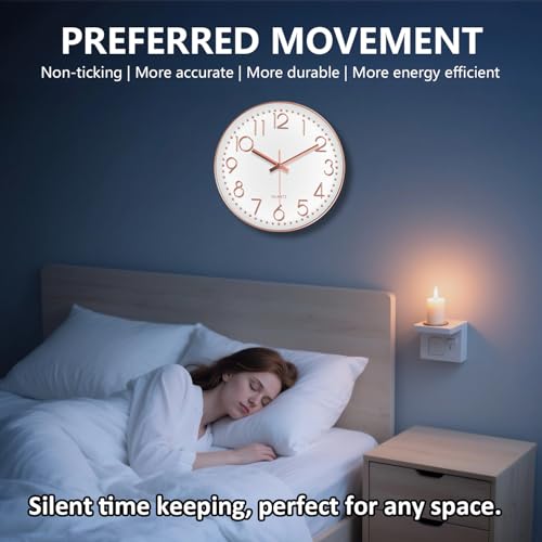 Image of Modern Silent Wall Clock - 12 Inch Wall Clocks Battery Operated Large Number, Non-Ticking Analog Clock with Tempered Glass Quartz Clocks for Living Room Bedroom Office Kitchen, Rose Gold