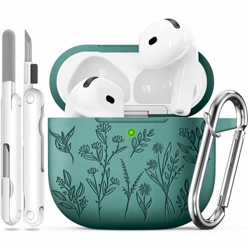 for Airpods 4 Case, Ekoonpft Flower Engraved Cases for Apple AirPods 4th Generation 2024, Soft Silicone Cover for Women Girly with 3-in-1 Cleaning Kit & Keychain, Anti-Scratch, Shockproof