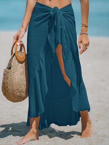 Cupshe CAA07D3D3TTF Women'S Sarong Swimsuit Coverup Chiffon Long Bikini Wraps Ruffle Beach Cover Up Skirt Cyan One Size thumb #1