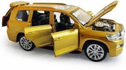 Image of PINQUE Kids New Car 1:32 Land Cruiser Diecast Alloy Metal Pull Back Car with Openable Doors Music Sound and Light Vehicle Toy Car for Boys (Gold)