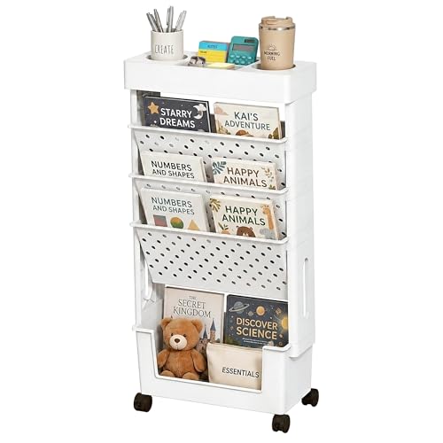 POBOMULI 5-Tier Rolling Book Cart White for Study Room & Office