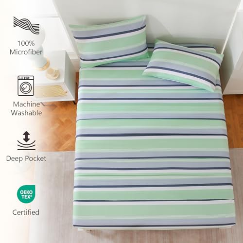 Image of MCO 4Pieces Striped Sheets Set, Breathable King Sheet Set with 16 inch Deep Pocket,Modern & Luxury, Brushed Microfiber Bedding Set(King, Green Gray)