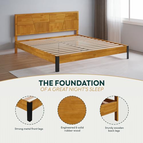 Image of Bme Trapeze King Bed Frame - Modern Solid Wood Bed with Smooth Pattern Headboard, Black Metal Legs, Teak Brown Finish - Durable King Size Platform Bed for Contemporary Bedrooms