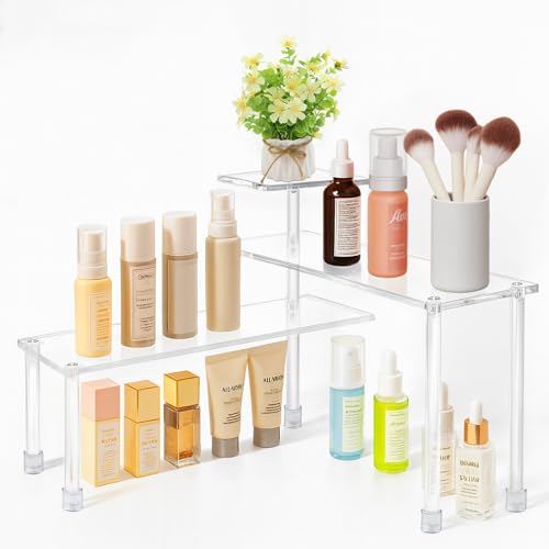 HYAMVOR Bathroom Organizer-Acrylic Countertop Corner Shelf,3-Tiers Organization Trays,Moveable Storage Shelves,