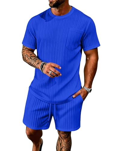 Bealin Men's Summer Beach Outfits 2 Piece Vintage Short Sleeve T Shirts and Shorts Vacation Texture Sets Royal Blue XX-Large