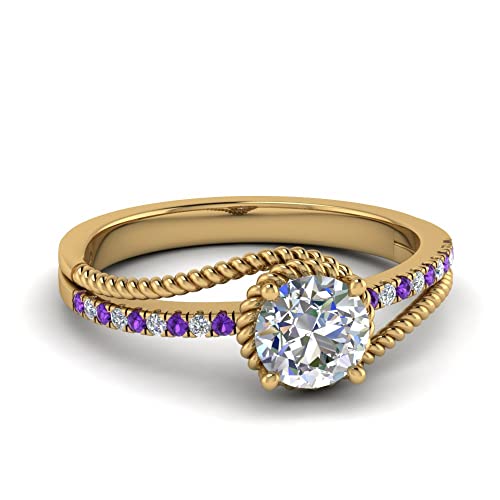 Image of Choose Your Gemstone Rope Split Shank Diamond CZ Ring Yellow Gold Plated Round Shape Split Shank Engagement Ring Minimal Modern Design Birthday Gift Wedding Gift US Size 4 to 12