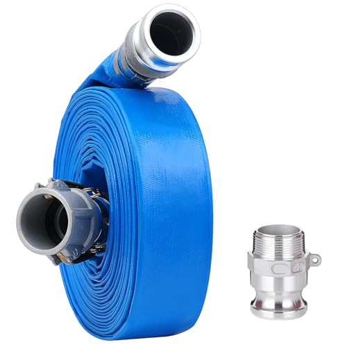 Image of 1-1 /2 inch x 100ft PVC Lay Flat Discharge Hose With Aluminum Camlock C & E Fittings, Cam Lock Fitting Type F included, Heavy Duty Reinforced Pump Backwash Hose Assembly | Fittings, Cam Lock Fitting Type F included, Heavy Duty Reinforced Pump Backwash Hose Assembly