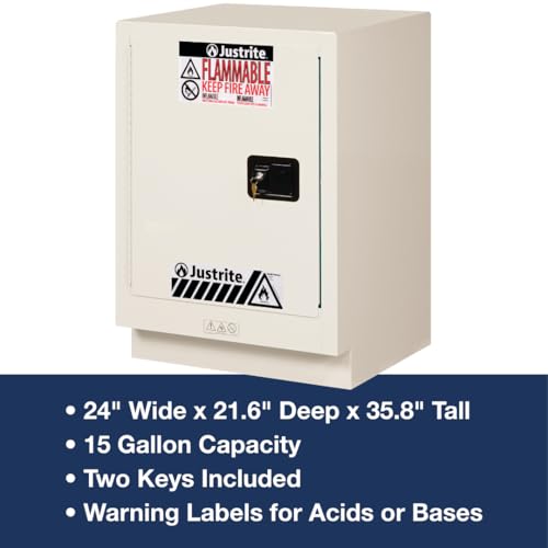 Image of Justrite Acid Corrosive Storage Cabinet - 15 Gallon 1 Door Self Close Chemical Storage Cabinet with ChemCor Coating - 22 inch x 36 inch x 24 inch - Made in The USA - Light Neutral - 8825372