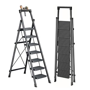 7 Step Ladder with Platform,Heavy Duty Folding Step Stool No Assembly
