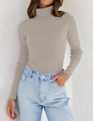 Image of ZESICA Women's Turtleneck Long Sleeve Shirts 2026 Spring Trendy Tops Slim Fitted Ribbed Knit Basic Casual Sweater
