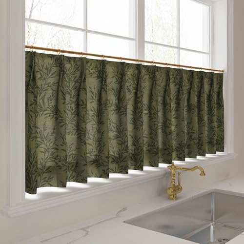 Image of TWOPAGES Pinch Pleat Leaf Print Cafe Curtains, Brown Olive, 52W x 45L