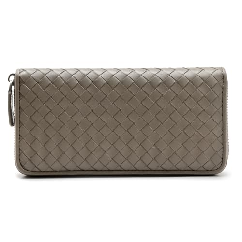 2R Braided Genuine Leather Zipper Wallet, Soft Lambskin, Woven Design (Grey)