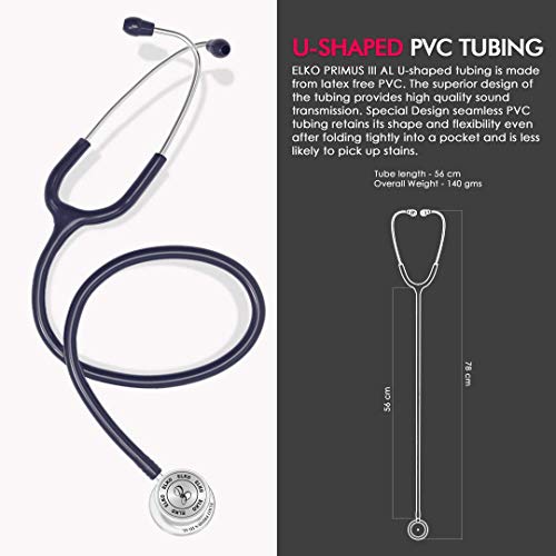 Image of ELKO EL-160 Primus III AL Aluminum Head Stethoscope For Doctors and Medical Students | Double Sided Chest Piece For Adult & Pediatric Patients | U-Shaped PVC Tubing | Soft Sealing Ear Knobs (Blue)