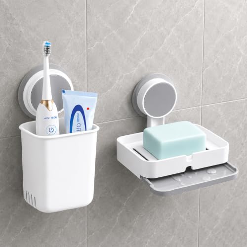 Image of JIALTO Wall Mounted Toothbrush Holder & Soap Box for Bathroom, Non-Drill Self Adhesive Magic Sticker Toothbrush Stand, Removable Drain Tray & Waterproof (Singal Soap Box White, Pack of - 2)