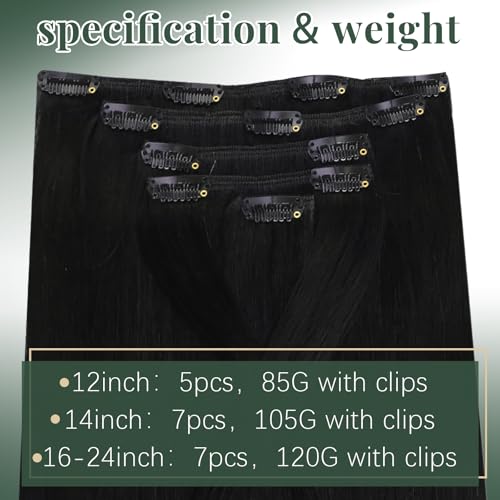 Image of Ugeat Clip in Hair Extensions Real Human Hair Jet Black 12 Inch 5pcs 85g