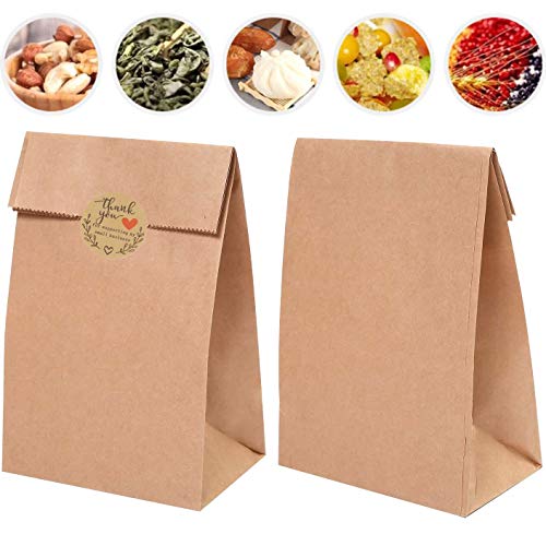 25 Pieces Paper Party Bags Lunch Flat Bottom Grocery Bags Kraft Treat Bags with 25 Pieces Label Stickers for Party Favor (9.45 X5.12 x 3.15 inches)