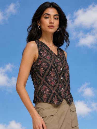 Image of Women's Printed Sleeveless Waistcoat Vest Top | V-Neck Button-Down Casual Floral Jacquard Waistcoat | Smart Casual Fashion Layering Top