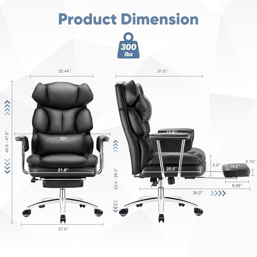Image of DUMOS Home Office Desk Executive Chair - Ergonomic Big Tall High Back with Footrest & Lumbar Support, Reclining Height Adjustable, Comfy PU Leather Computer Gaming with Swivel Wheels, Black