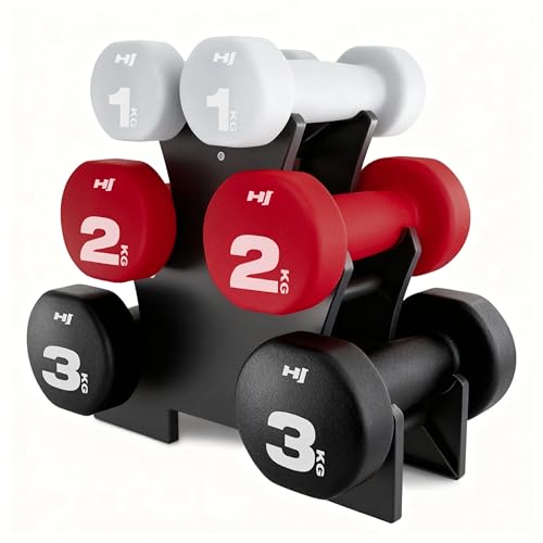 Hop-Sport Hanteln Set, Kurzhanteln 2 x 1 kg, 2 x 2 kg, 2 x 3 kg mit Ständer, Neopren Fitnesshanteln aus Gusseisen, rutschfest für Frauen und Männer, Home Gym, Krafttraining und Pilates