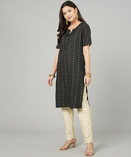 Image of Cotton Dobby Woven Design V- Neck Elbow Sleeves Knee Length Kurta for Women's